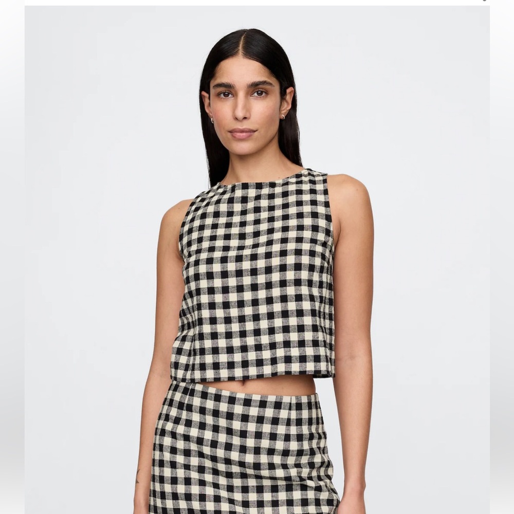 GAP Black and Cream Gingham Linen-Blend Crop Shell Tank Top, S